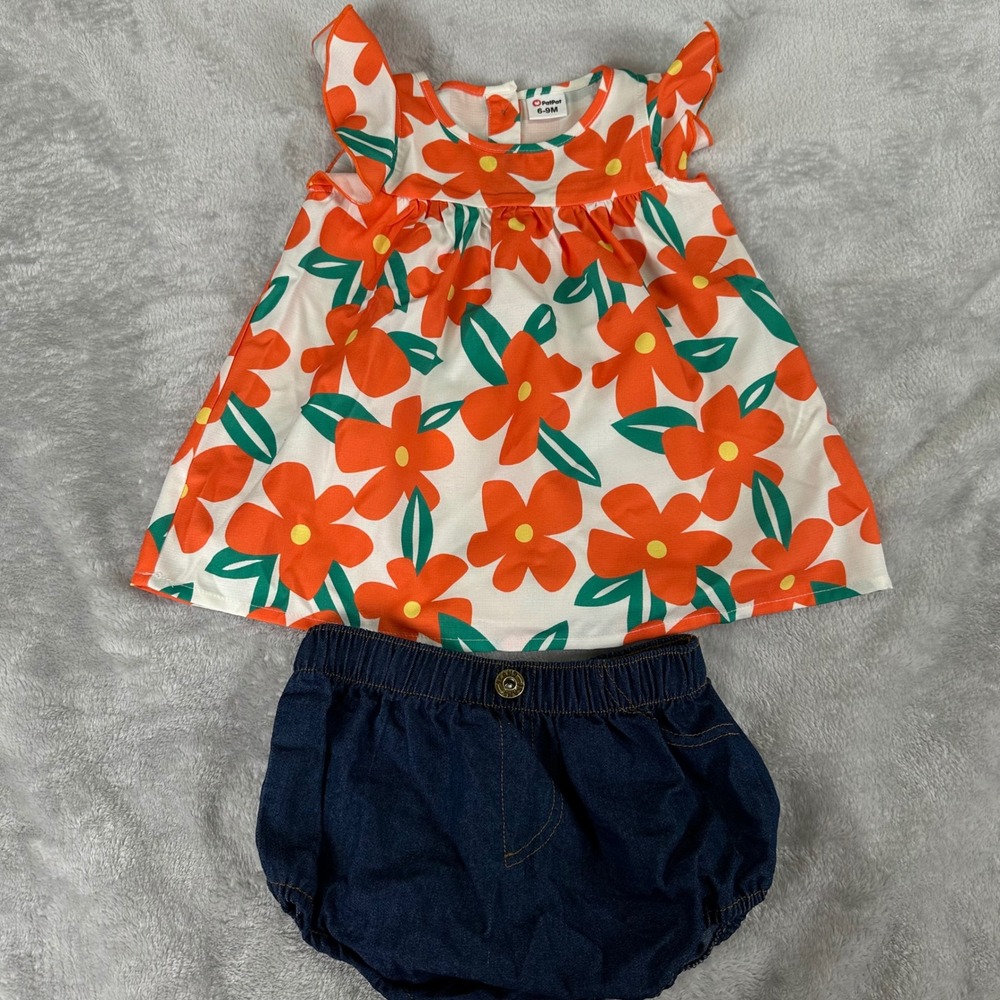 PatPat Floral Top and Denim Bloomers Set Kids 6-9M Orange Blue Ruffle Sleeve